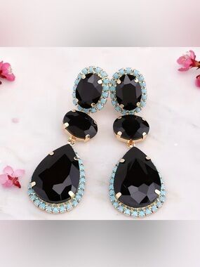 Elegant Black Teardrop Dangle Earrings with Aqua Halo